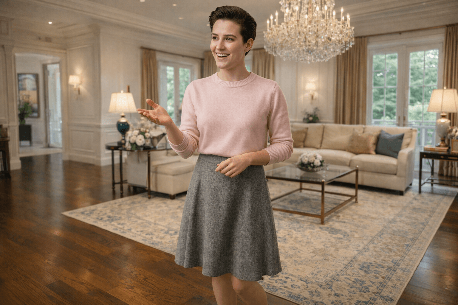 AI generated: At a beautiful home. The model is standing in a luxurious living room with a beautiful chandelier on...