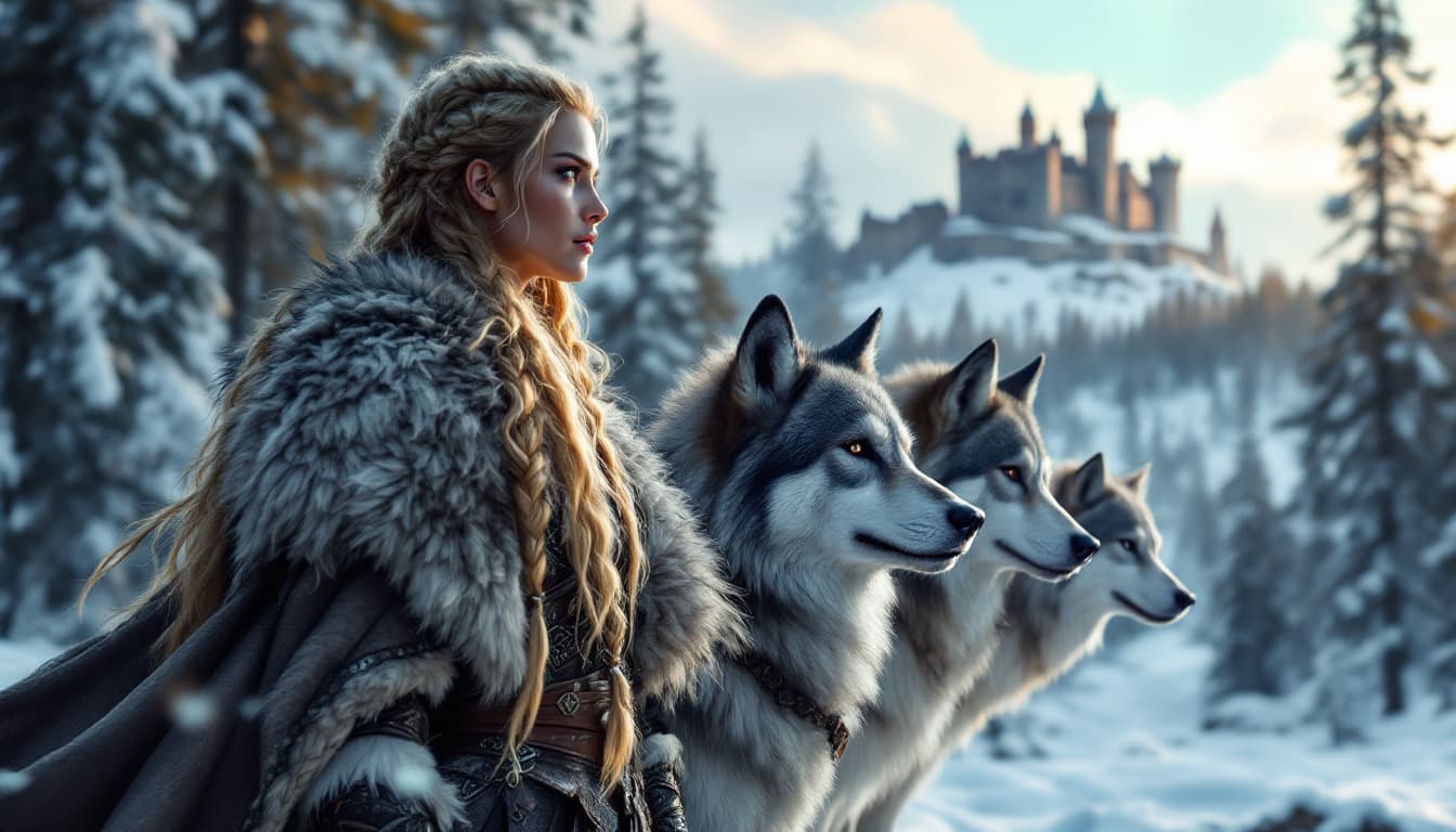 AI generated: A Viking warrior woman with long golden braids, dressed in intricately detailed fur and leather armo...