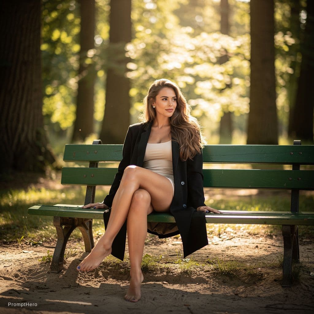 AI generated: A woman sits on a green park bench in an outdoor setting, surrounded by tall trees and natural sunli...