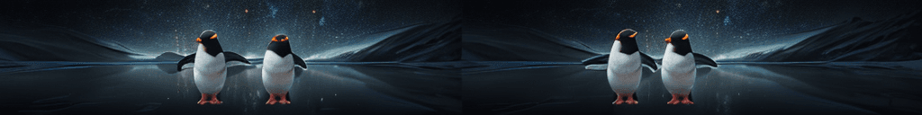 AI generated: pair of magical young baby penguins by a frozen lake, looking at the earth, reflection on lake, real...