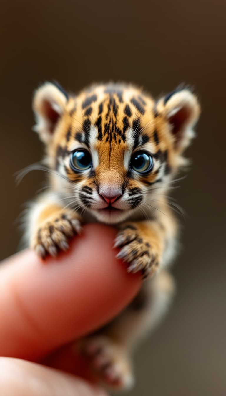 AI generated: Photorealistic macro shot of a cute miniature newborn jaguar perched on a human thumb. The extreme c...