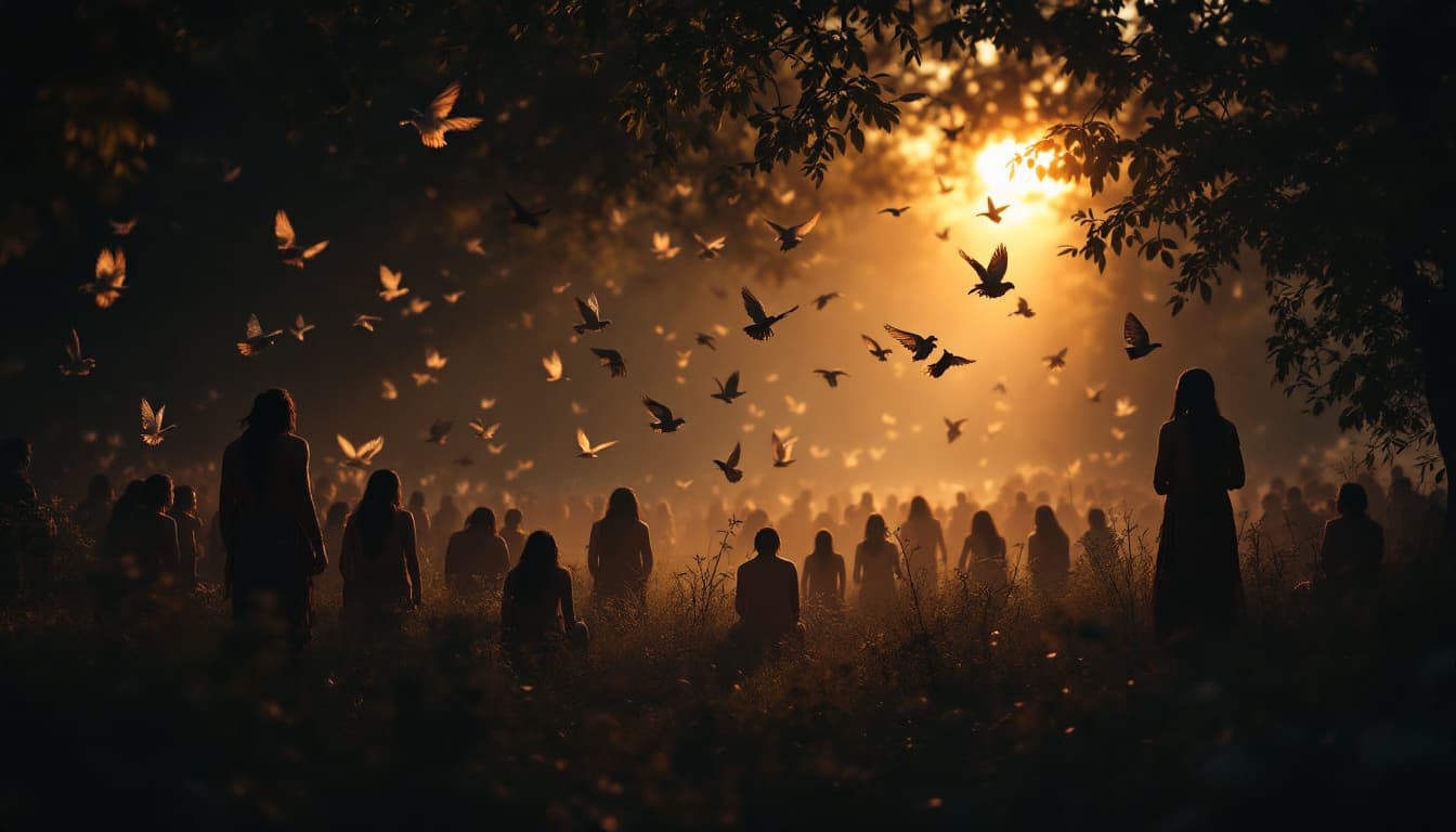 AI generated: Nocturnal birds fluttering through the leaves in the distance.



. Native Americans are gathered. s...