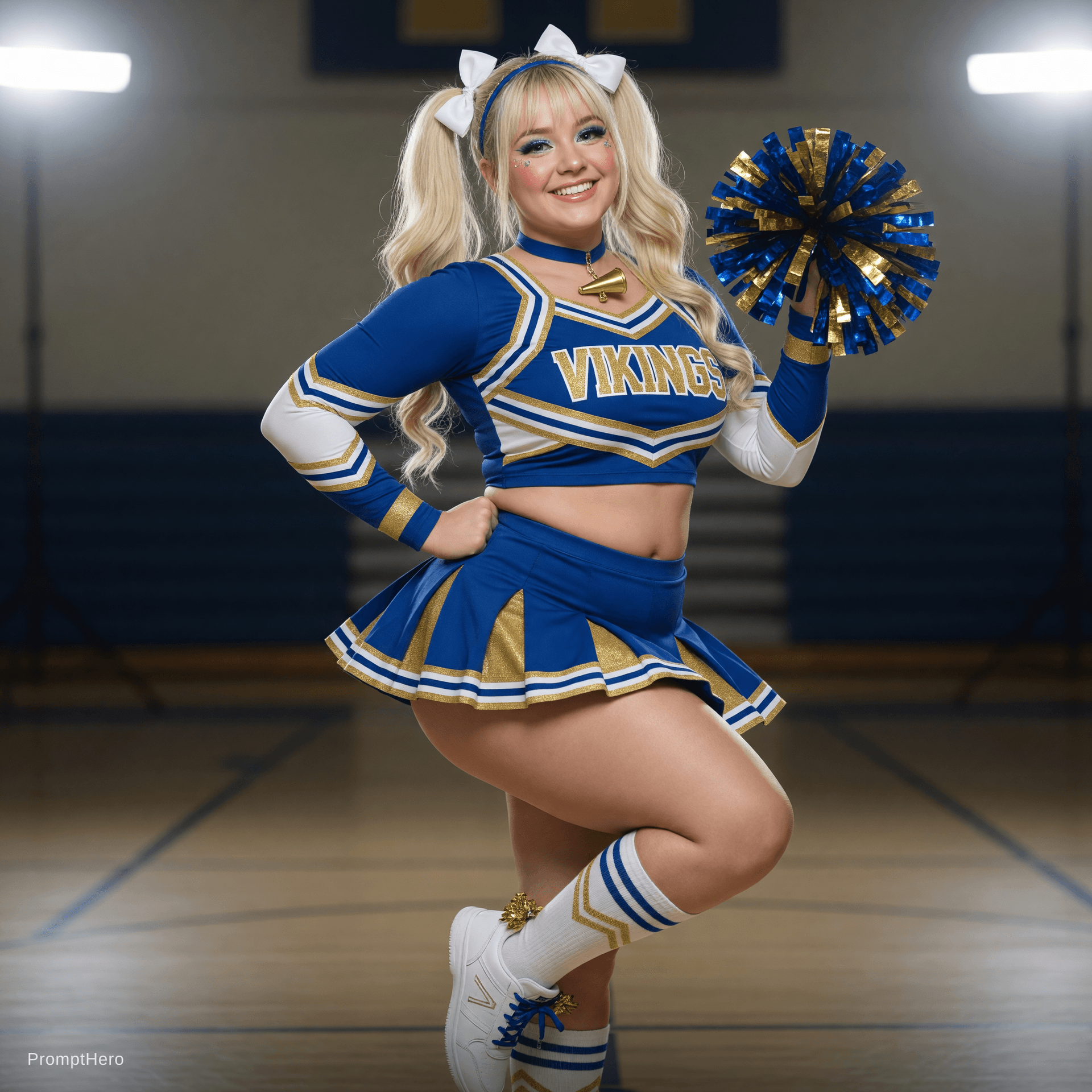 AI generated: 18 year old, curvy, 6ft tall, busty, tall blonde, Wearing a cheerleader outfit