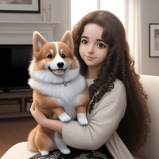 AI generated: imagine/high quality/a real girl with long and curly hair girl is holding her corgi with brown, whit...