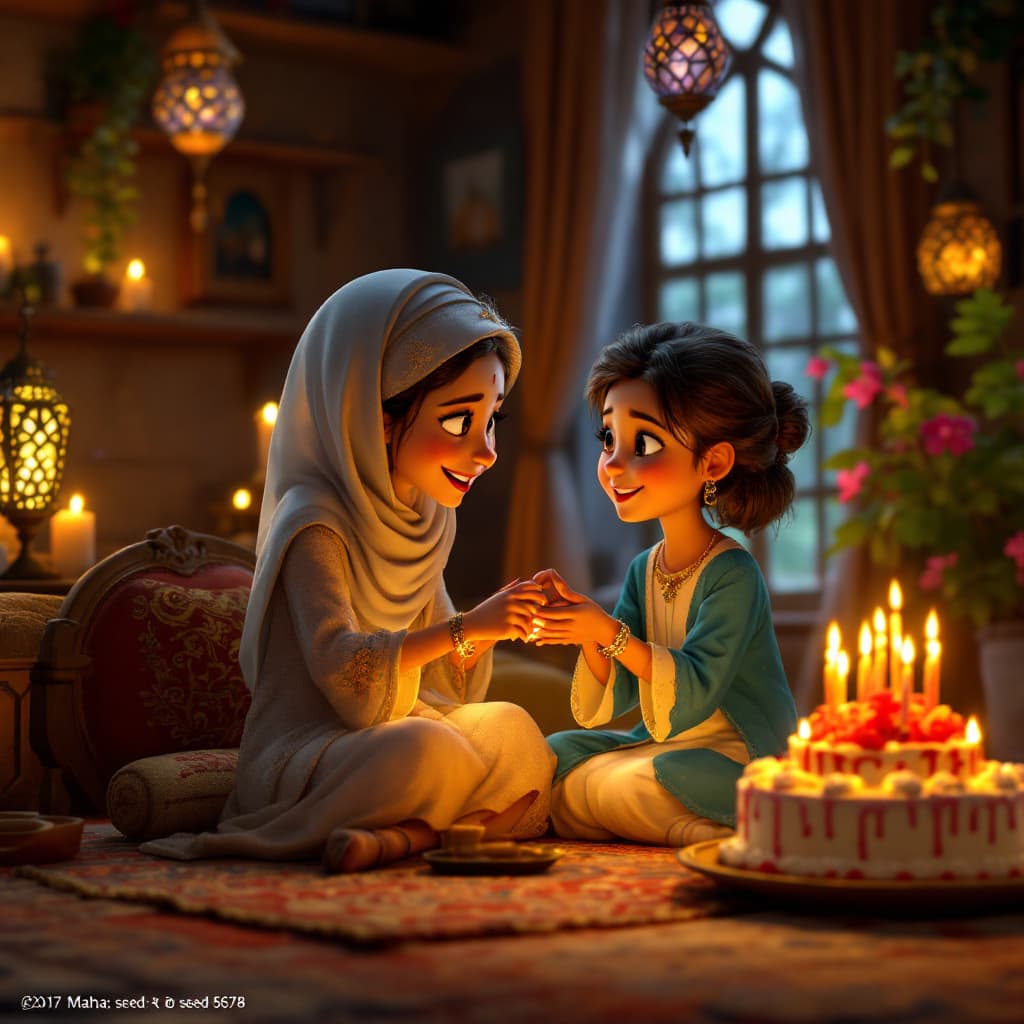 AI generated: 3D animation style, cozy wooden room, warm candlelight, Arabic decor: ornate carpets, mosaic lantern...