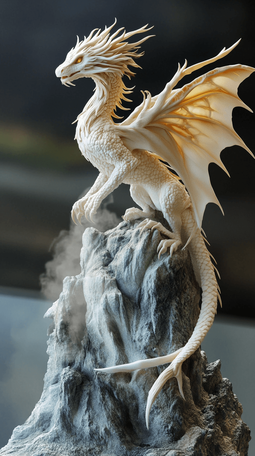 AI generated: Whimsical, Art Nouveau-inspired sculpture of a [dragon] resting on a mountain peak, photorealistic, ...