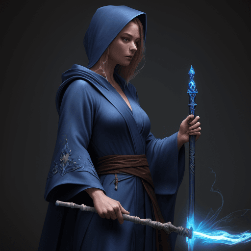 AI generated: a mage in blue robe, wielding a staff, ultra detailed photorealistic, award-winning masterpiece tren...