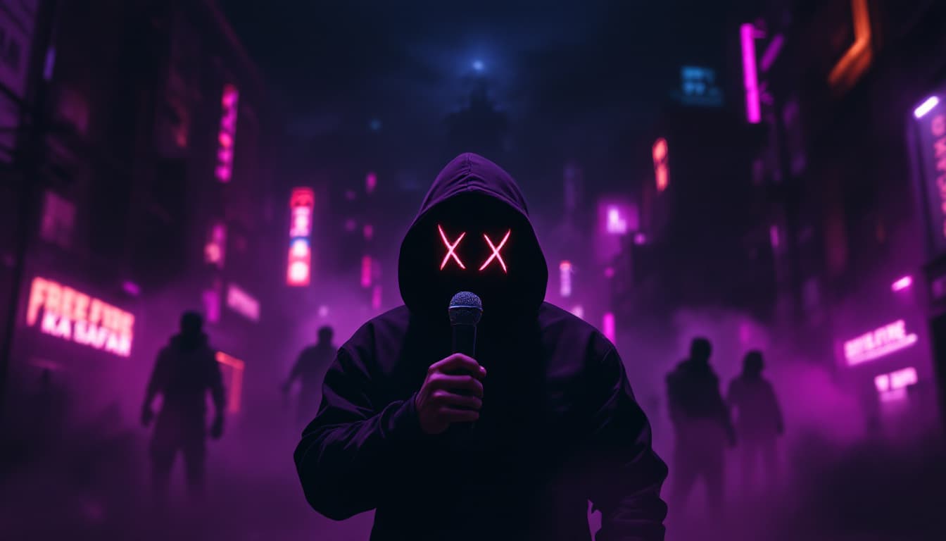 AI generated: A dark, gritty urban backdrop with neon purple and orange lights. In the center, a hooded young rapp...
