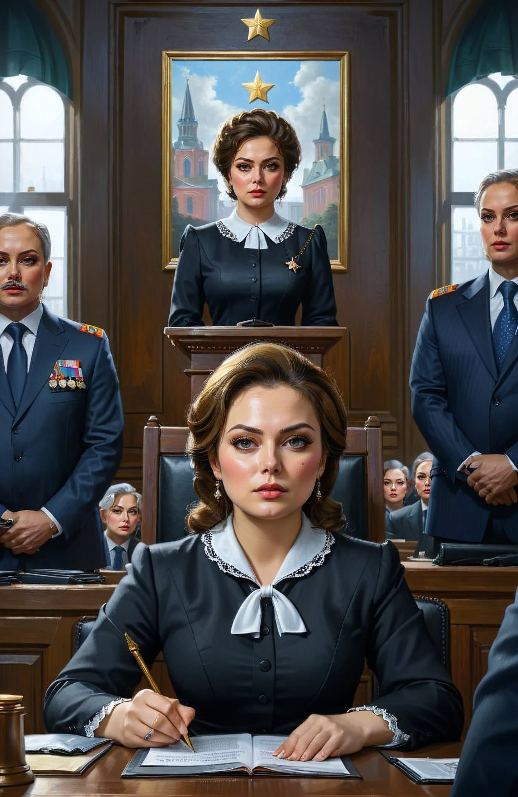 AI generated: Russian lawyer, at a meeting in the courtroom, award winning painting, incredibly detailed, extremel...