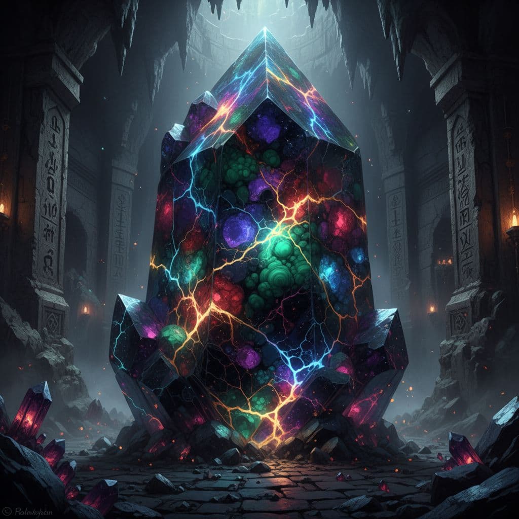 AI generated: dark Crystal made up of lots of different colors with veins running throughout it that look like lig...