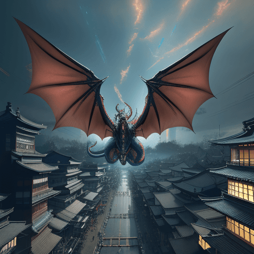 AI generated: Kyoto Animation stylized anime mixed with tradition Chinese artworks~ A dragon flying at modern cybe...