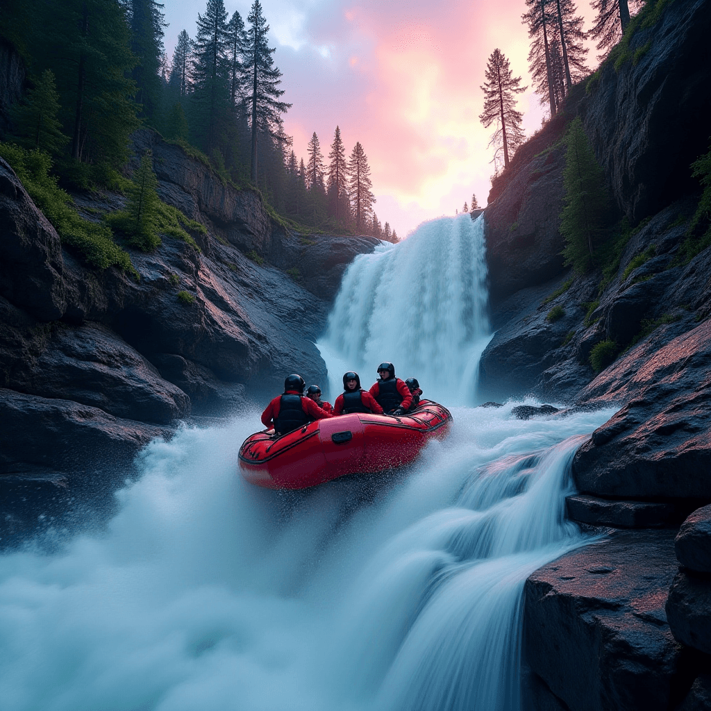 AI generated: (ultra-realistic:1.2) A dramatic action scene of a red inflatable raft plunging down a rugged mounta...