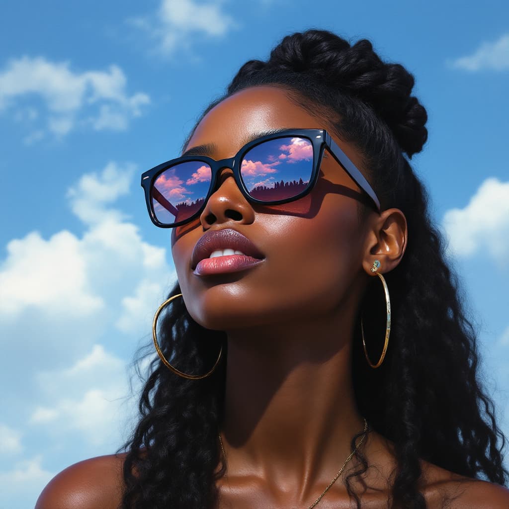 AI generated: portrait of a young african woman with black long curvy hair wearing a scrunchie, a blue sky and clo...