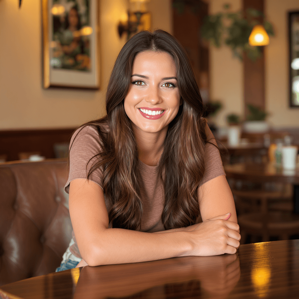 AI generated: A woman with stunning long brunette hair leans casually against a table in a cozy restaurant, her ha...