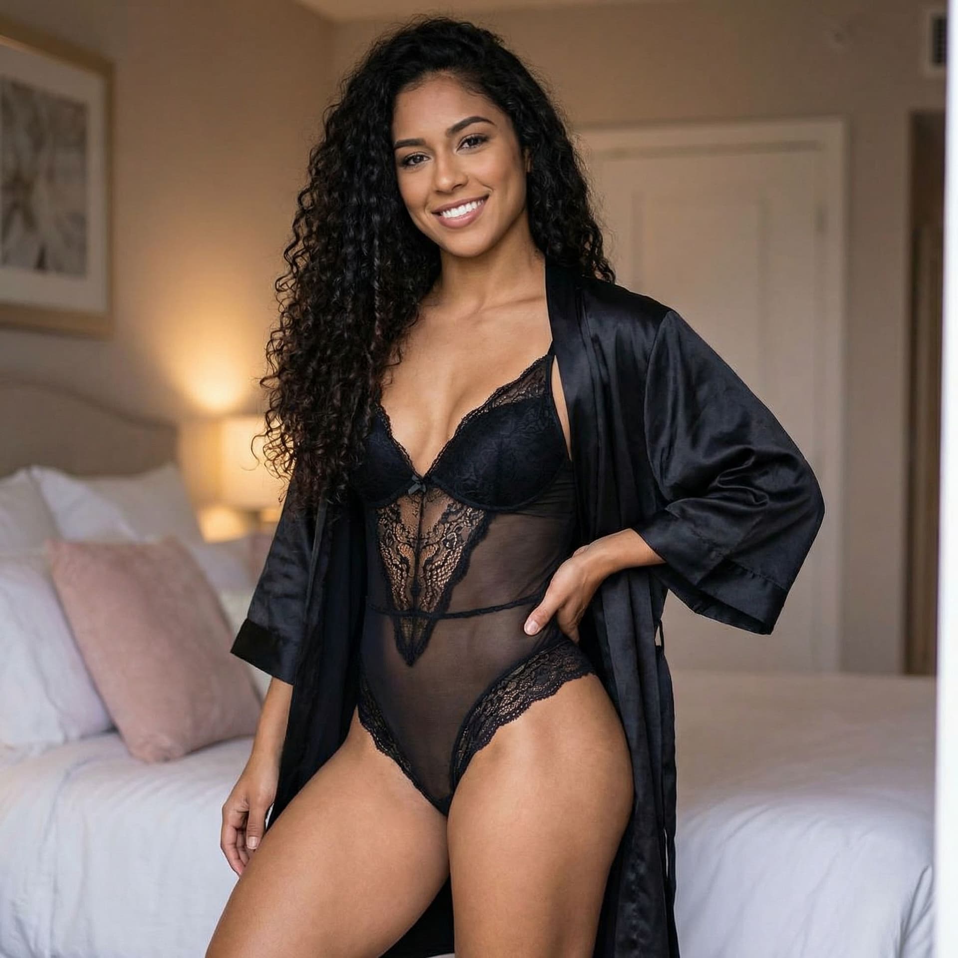 AI generated: 21 years old, Latina, sexy, hot, athletic body type. Wearing sexy lingeries. Black hair, long and cu...