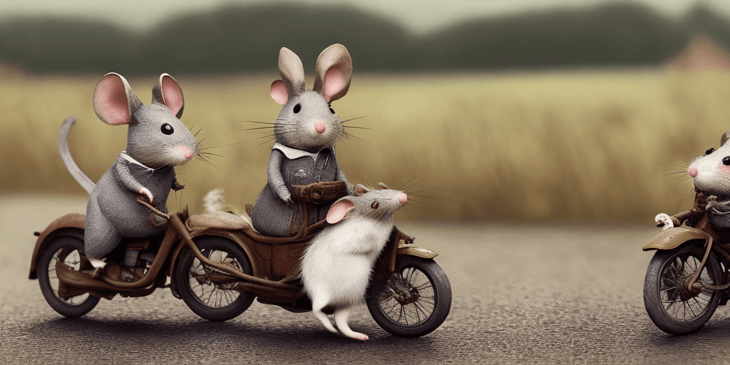 AI generated: cinematic film still award winning photo, style beatrix potter, two cute grey mice, riding a old mot...