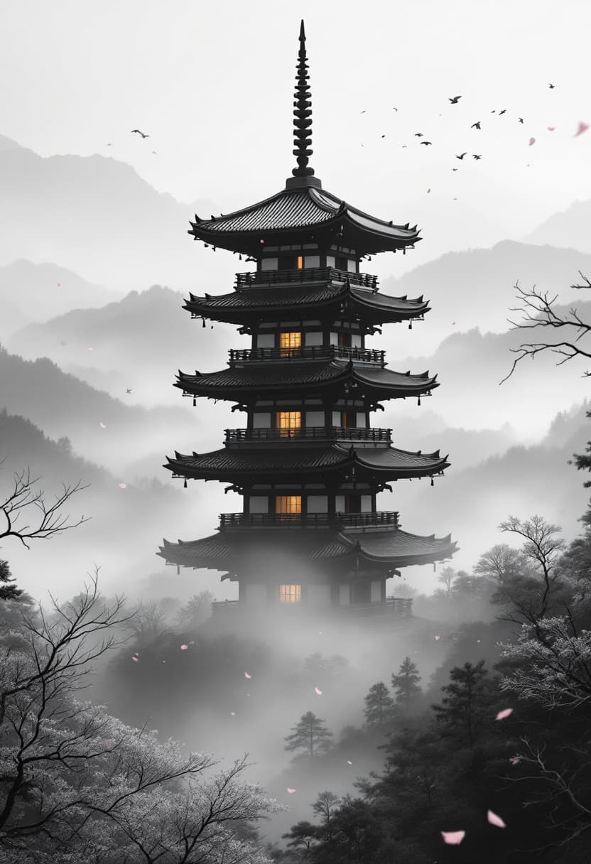 AI generated: Traditional Japanese pagoda standing tall in a foggy mountain valley, centered mid-range view. Dense...