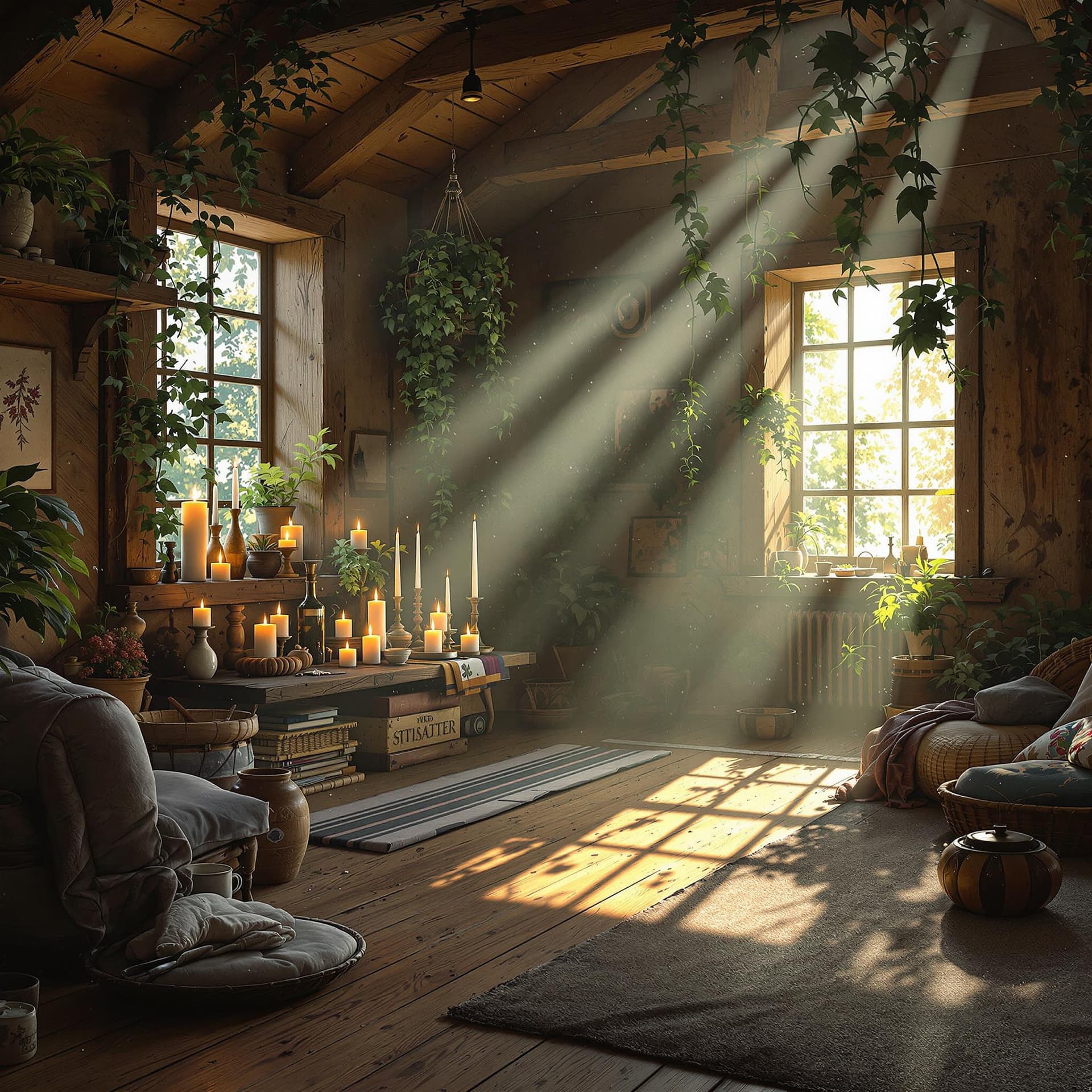 AI generated: interior view of an herbalist cottage, waxy candles, wood furnishings, light bloom, dust, ambient oc...
