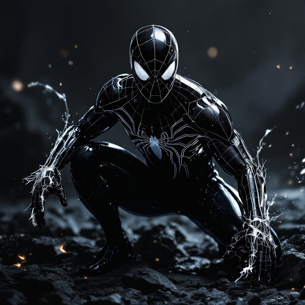 AI generated: a full body shot of spiderman in his black suit from the comics character concept art by Roberto Fer...