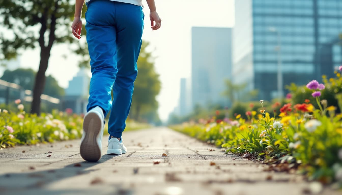 AI generated: A Japanese female worker walking along a flower-lined path on her way to work, wearing blue work pan...