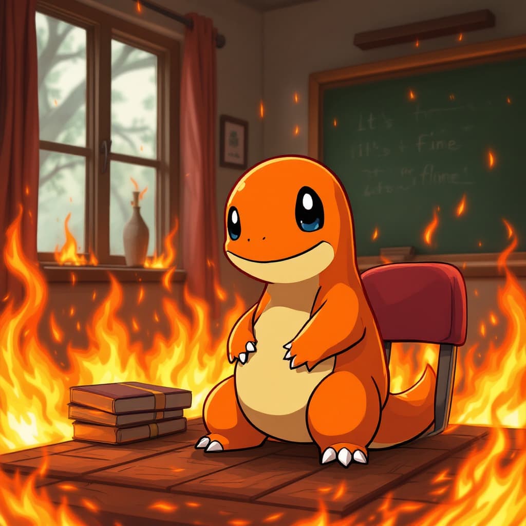 AI generated:  "it's fine" meme but a highly detailed and cute charmander is the one standing in the room in flame...