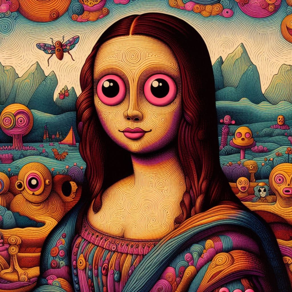 AI generated: Mona Lisa,  lowbrow art, pop surrealism in the style of Gary Baseman