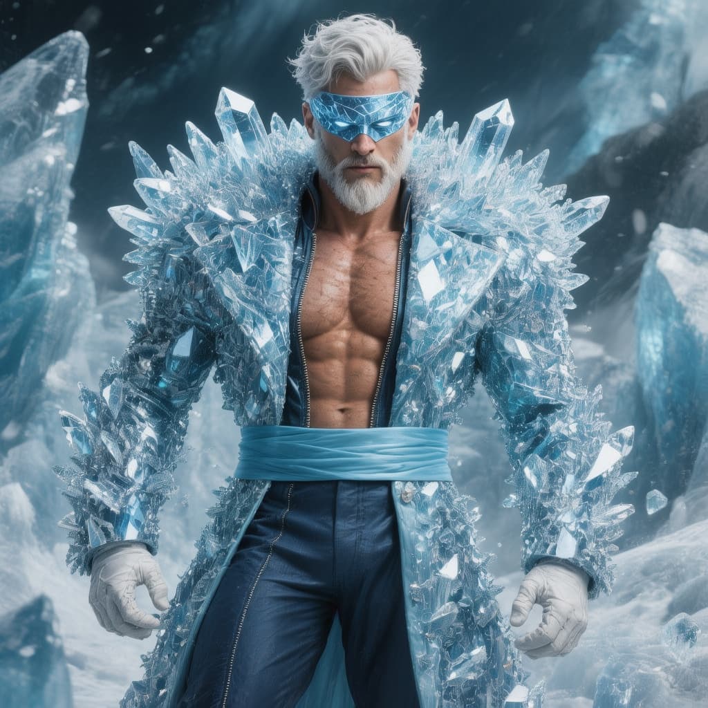 AI generated: an attractive muscle man with the power to control ice wearing a crystal blue coat with and a light ...