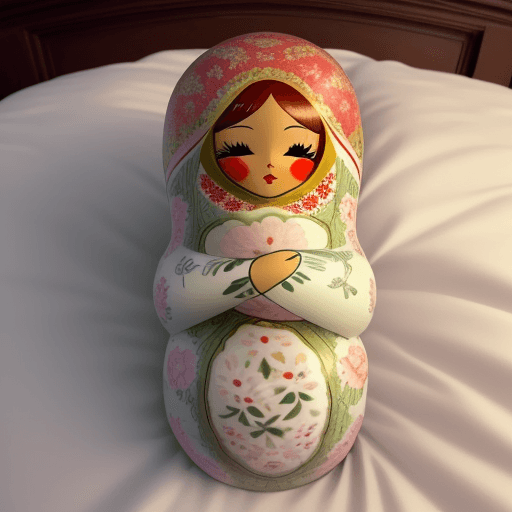 AI generated: Create a cozy and intimate scene of a person sleeping while hugging a life-sized matryoshka doll. Th...