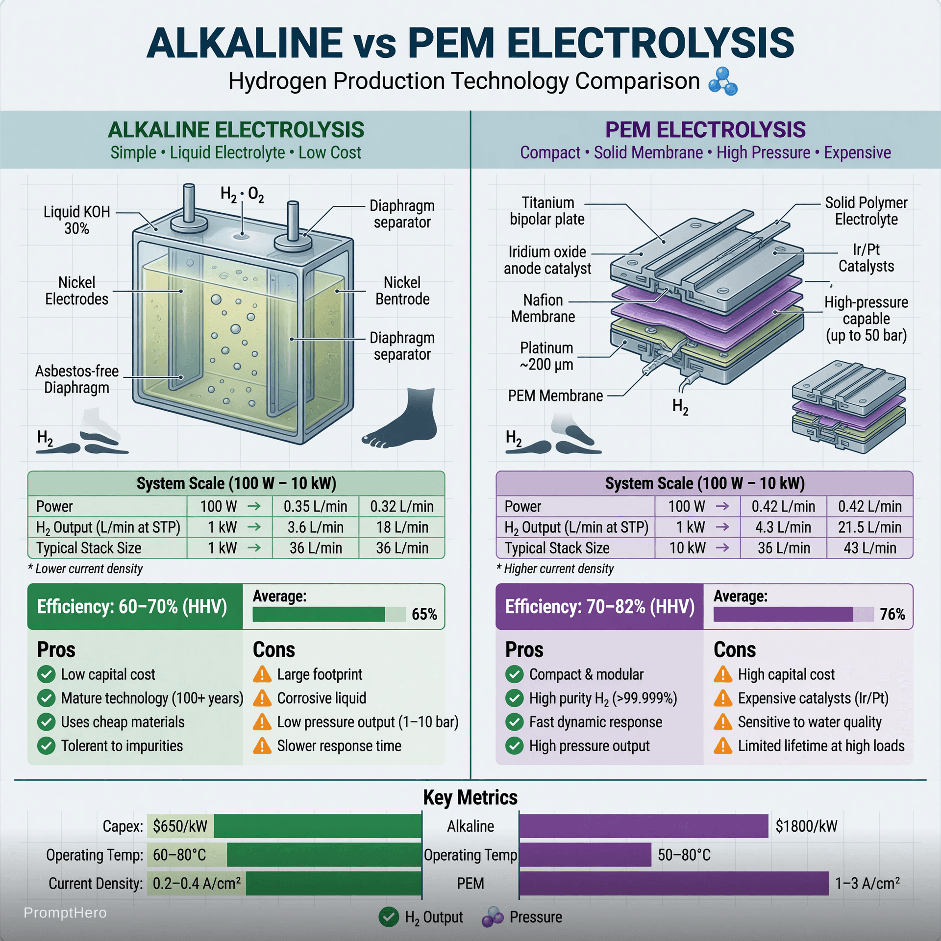 AI generated: Clean professional technical comparison chart illustration of Alkaline vs PEM Electrolysis, engineer...