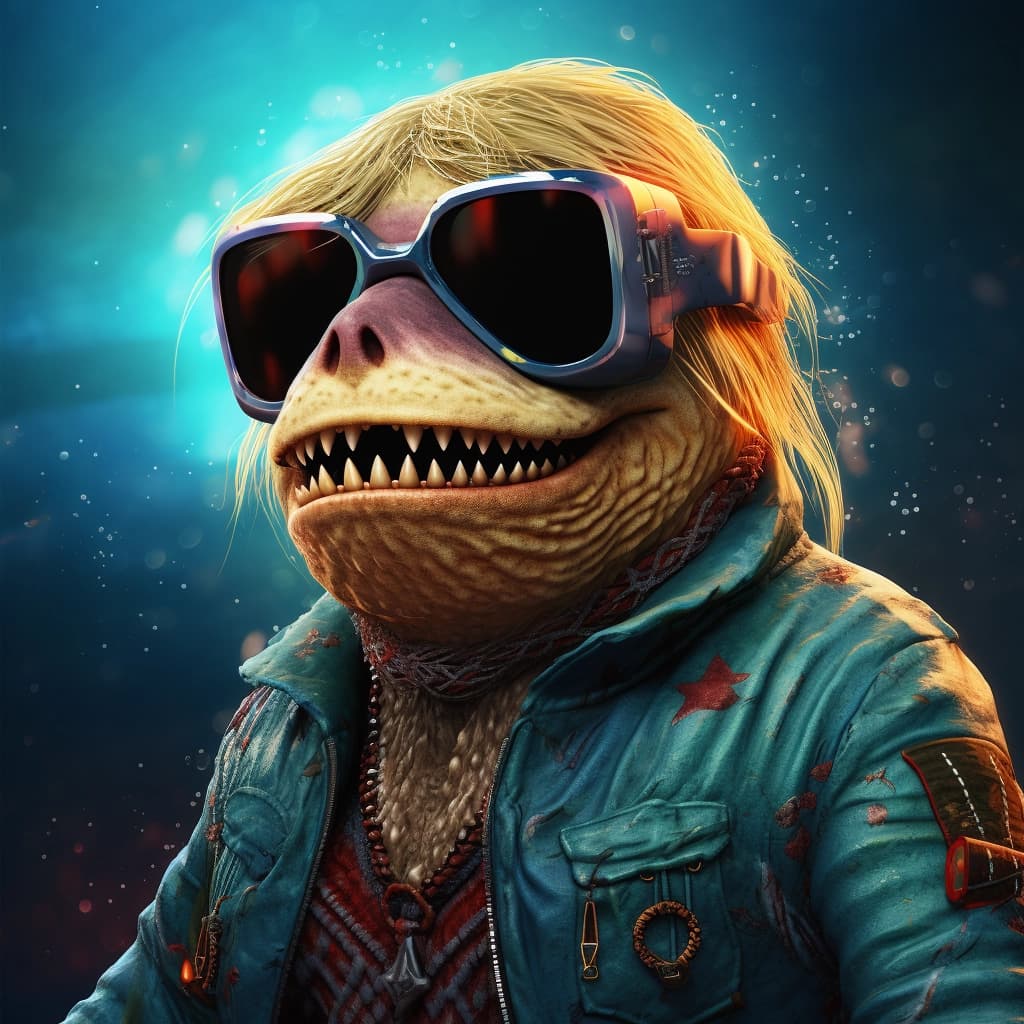 AI generated: kurt cobain as shark-man in fairy 3D cartoon style 