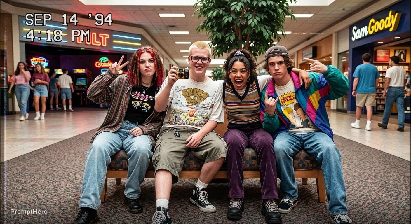 AI generated: Kooky portraits of 90’s mall teens in retro clothing, shot on VHS