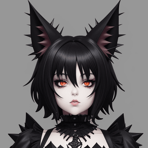AI generated: make a anime figure of a semi-chubby women with dark people short spiky hair, bat animal ears, red e...