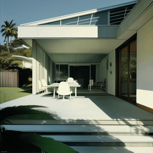 AI generated: Hyper realistic eye level exterior photo of a mid century modern style house overlooking the ocean, ...