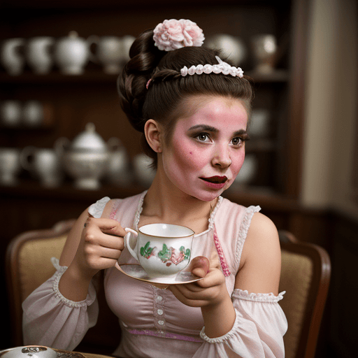 AI generated: Young orc girl with fancy dress and hairstyle. Drinking tea in a fine china cup