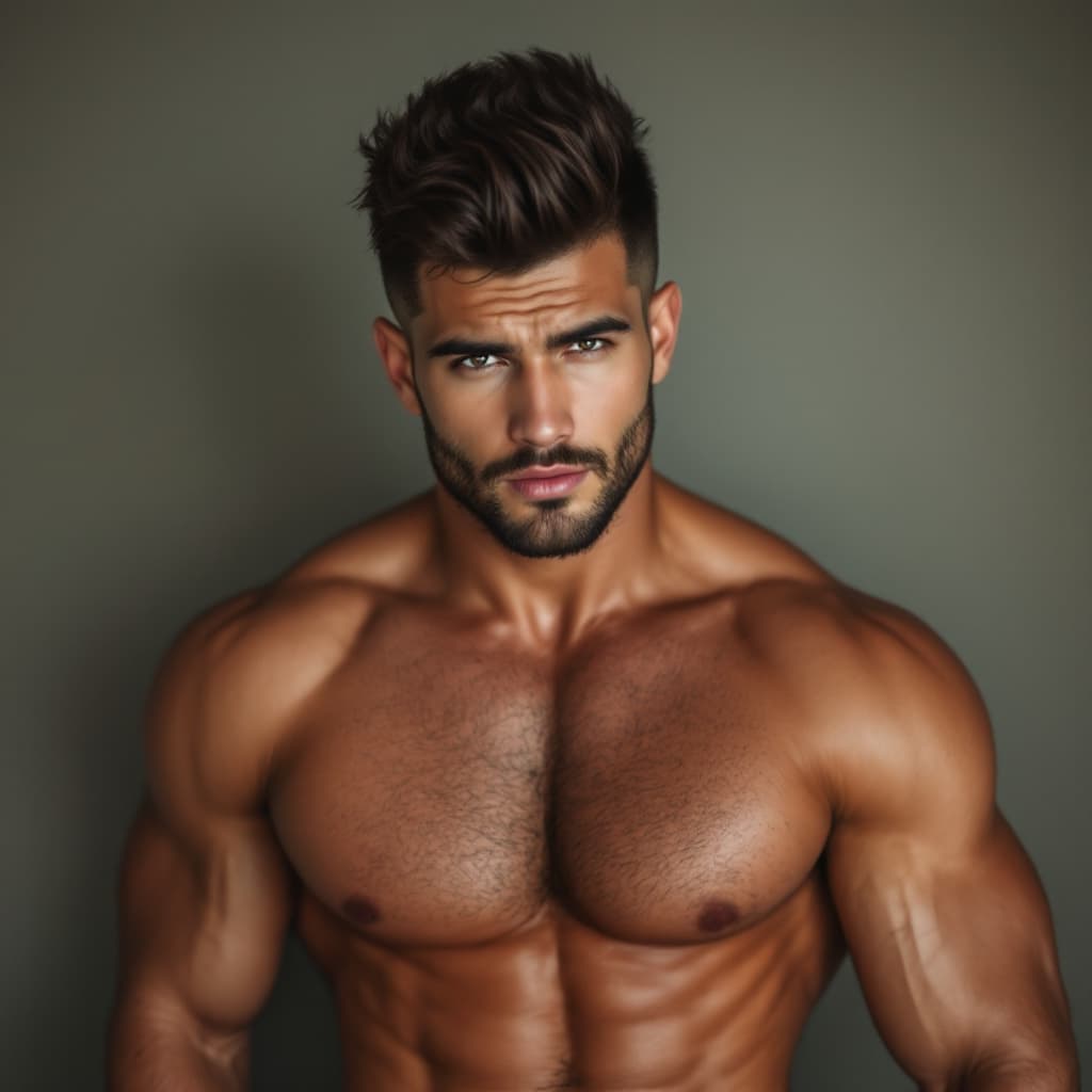 AI generated: sexy male, muscular body, tanned skin, wearing a skimpy shorts, Chippendale stripper, short beard. s...