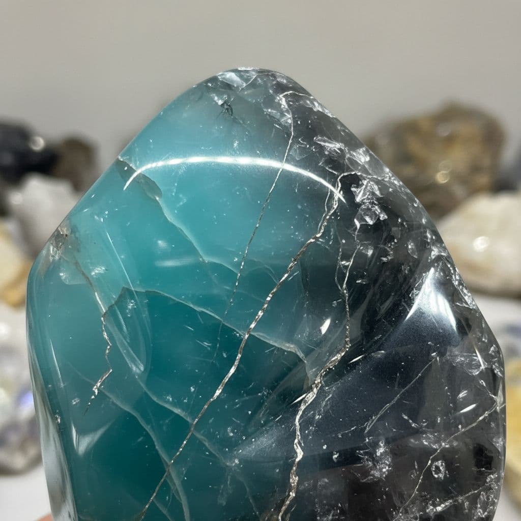 AI generated: Smoothed opaque Teal crystal mixed with dark clear grey crystal and silver flakes sparsely running t...