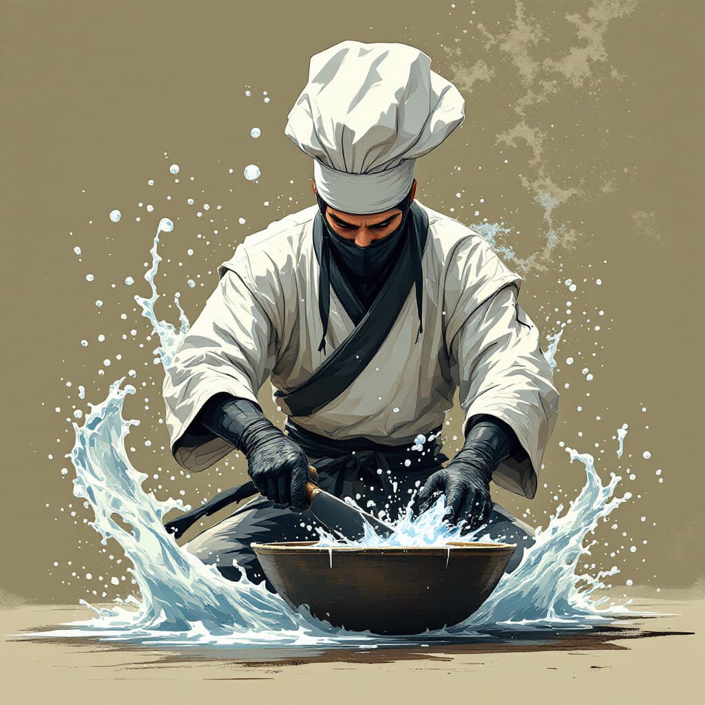 AI generated: A ninja chef cook symbolizing water, in the style of Takeshi Murata --ar 1:2 --personalize 2gwf1qc -...