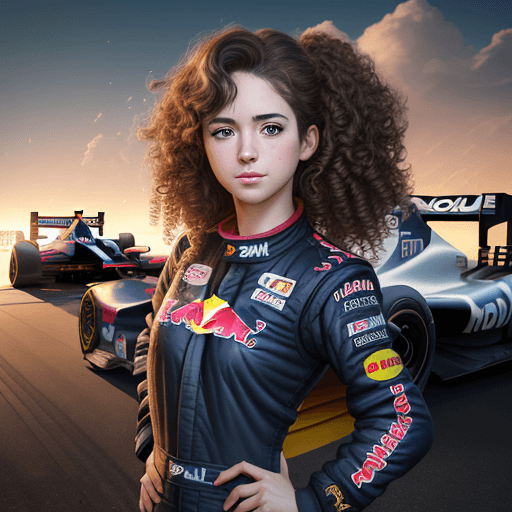 AI generated:  perfect anime illustration, 1girl, curly hair, sidehair, racecar driver, firesuit, race track, car,...