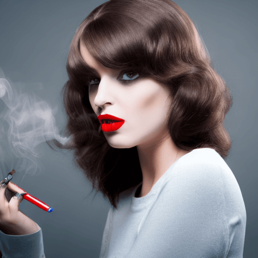 AI generated: sultry brunette femme fatale with red lips and blue eyes 
smoking long white cigarette