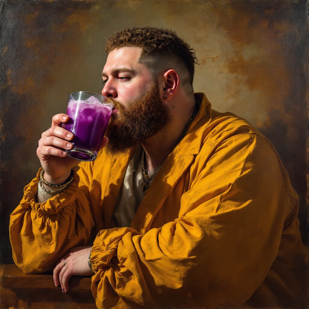 AI generated: Obese american rapper without a beard and with short hair, holding a purple drink, renaissance paint...