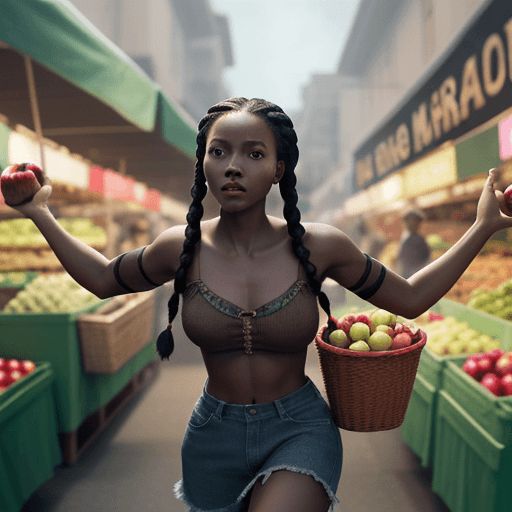 AI generated: Black girl with braids holding apples runs from people chasing her through the market, hyper-realism...