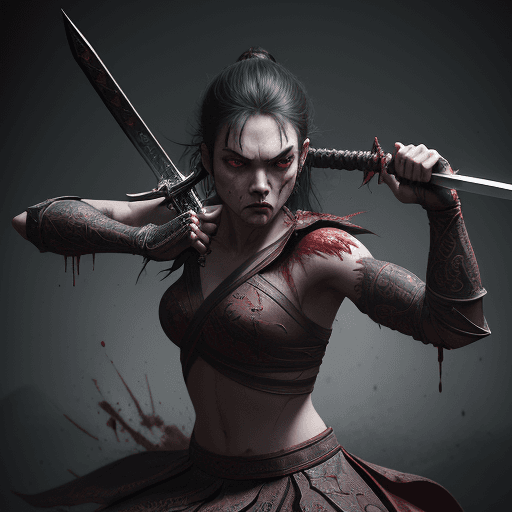 AI generated: swinging sword, fierce, eyes focused, blood spray, intricate artwork . octane render, trending on ar...