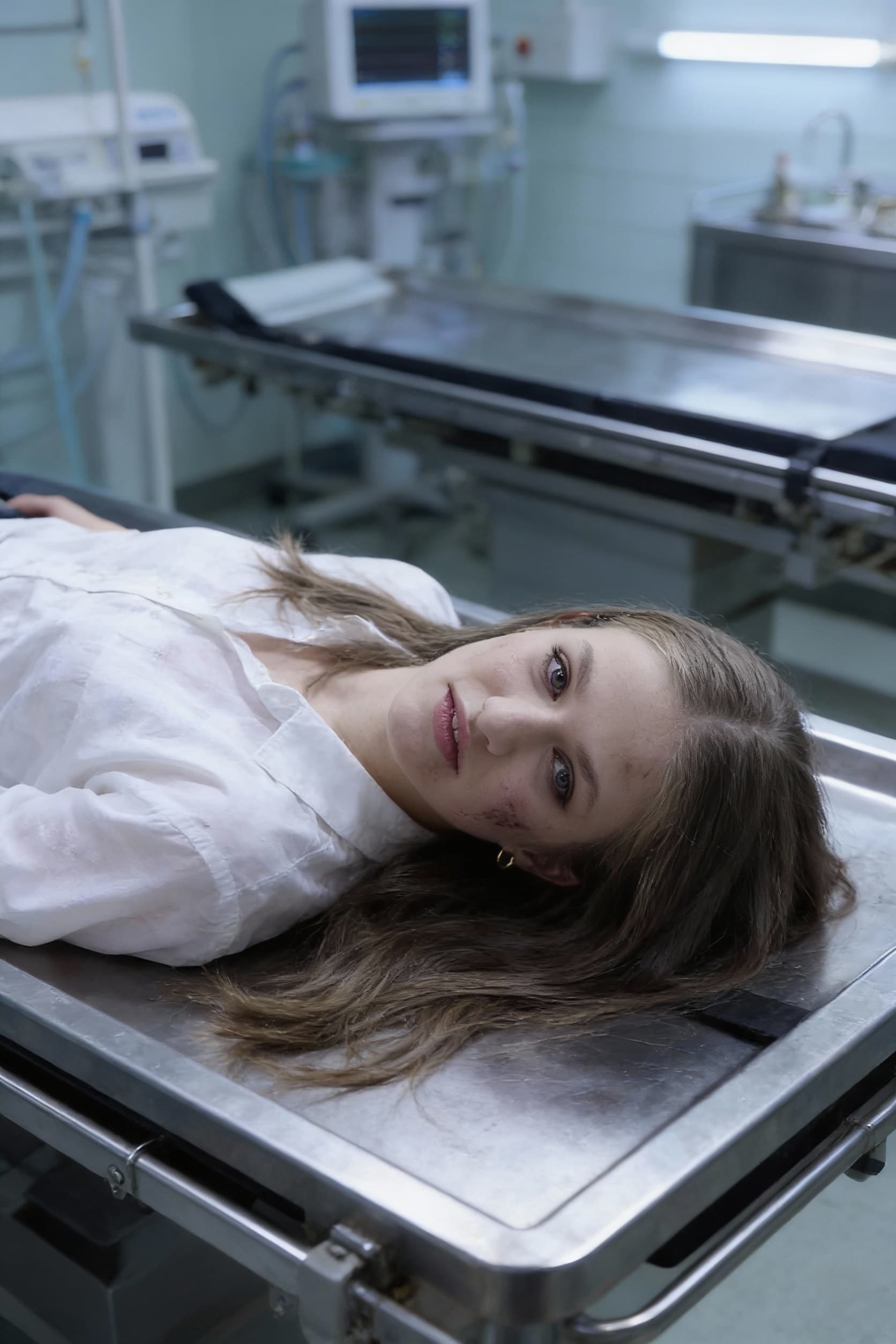 AI generated: dead girl lying in morgue, death stare.