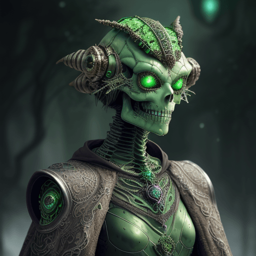 AI generated: head and shoulder face portrait of a Lizard-Green filigree skeleton warlock droid wearing ornate Fur...