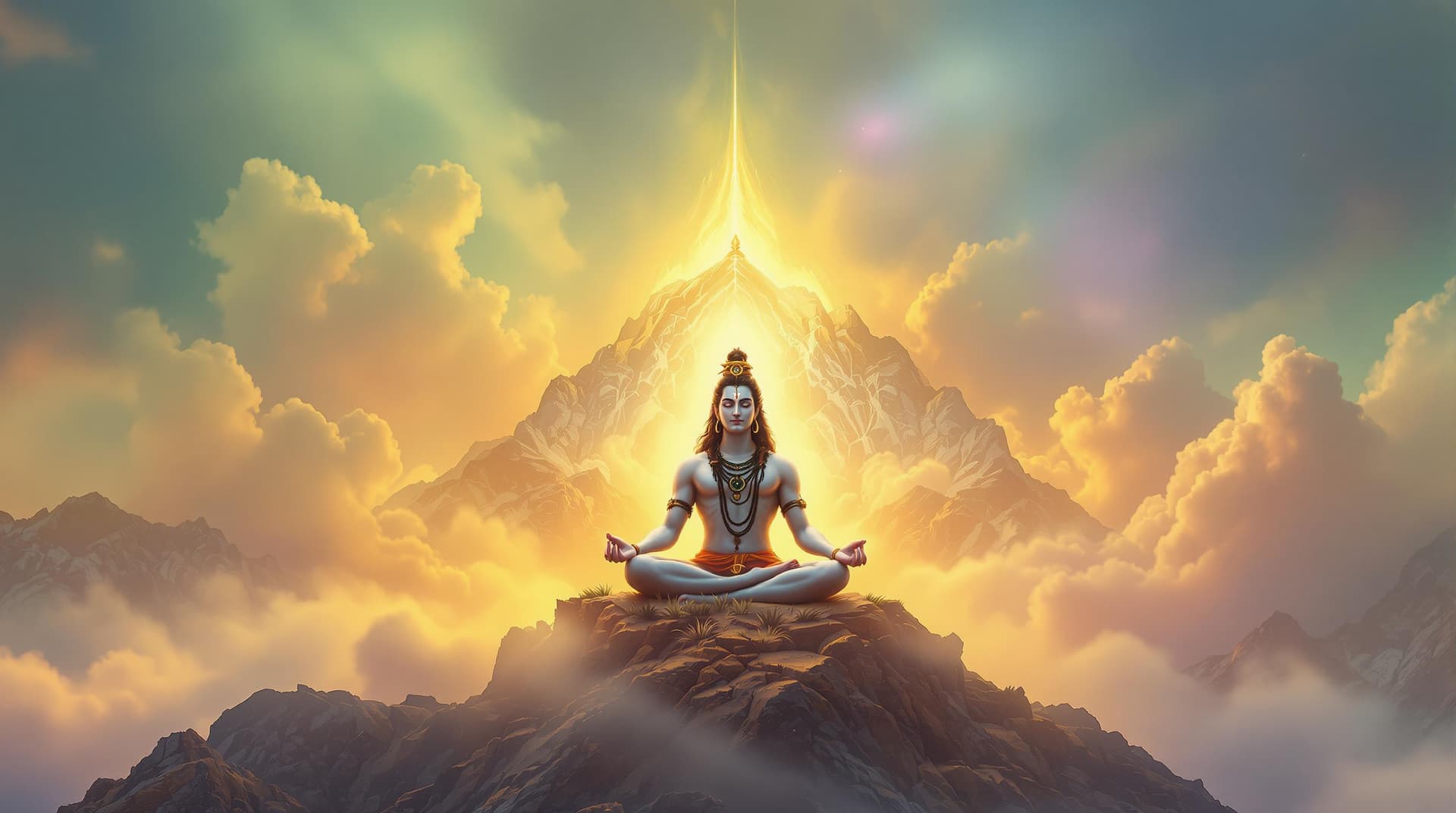 AI generated: "Render an ultra-high-resolution image of Lord Shiva seated in deep meditation atop a majestic golde...
