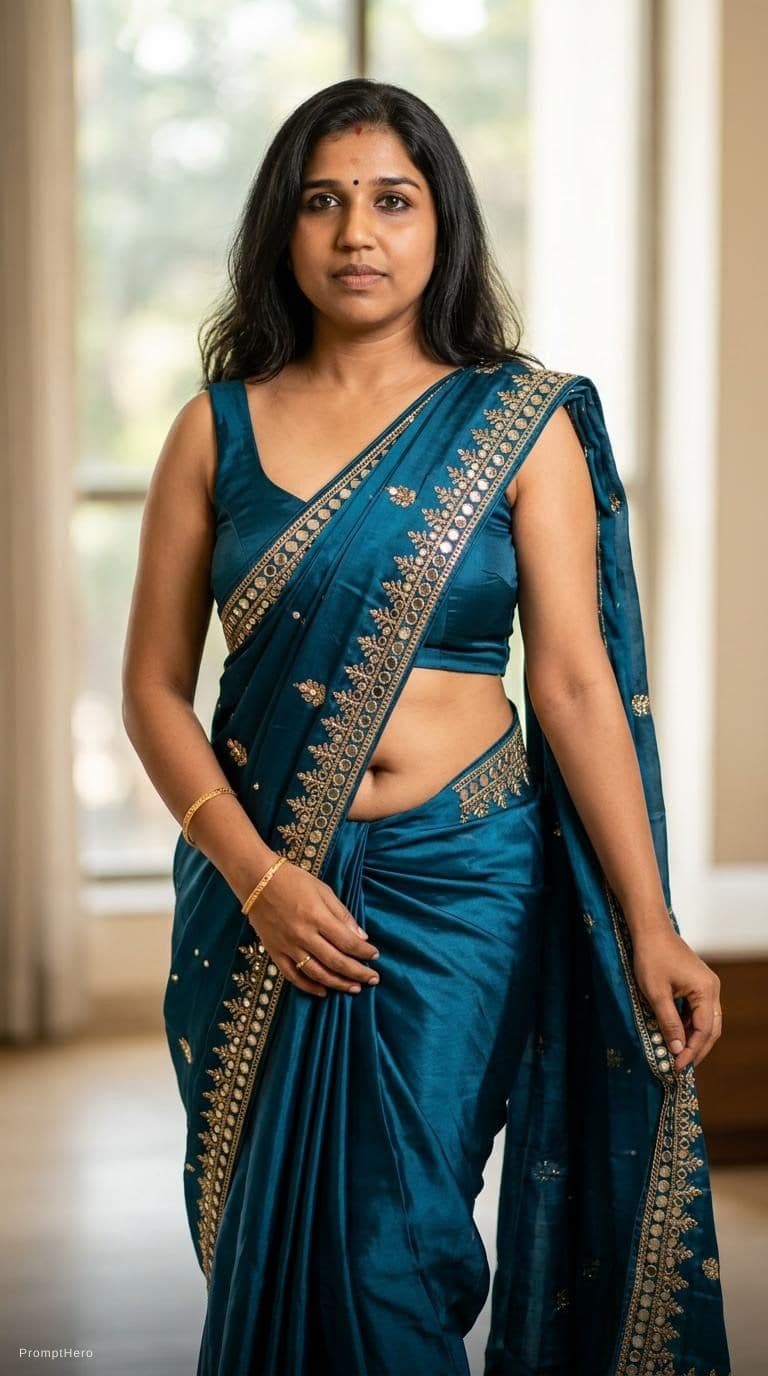 AI generated: Tamil girl. modern sexy glossy mirror saree, wearing saree saree saree model. glossy mirror saree Na...