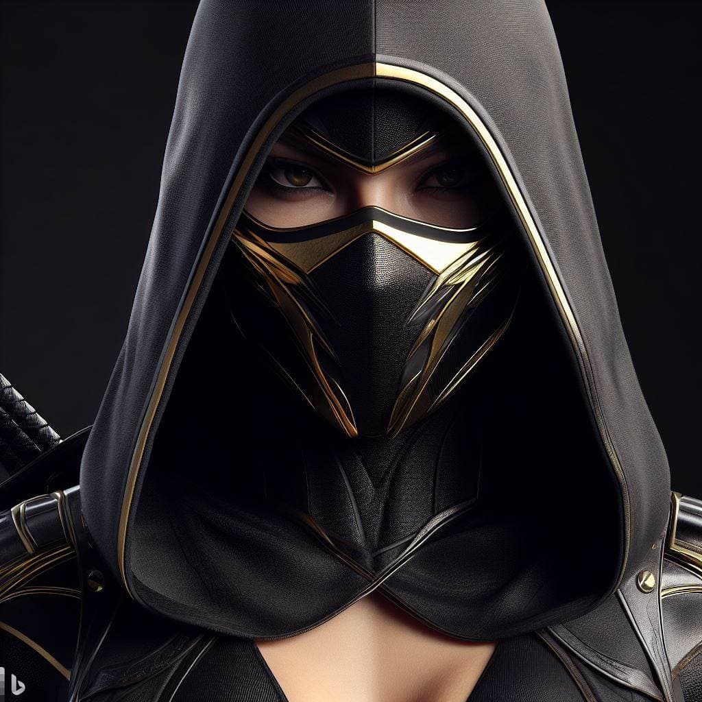 AI generated: A highly detailed, ultra-realistic 4k image of a black hooded woman wearing a realistic ninja mask. ...