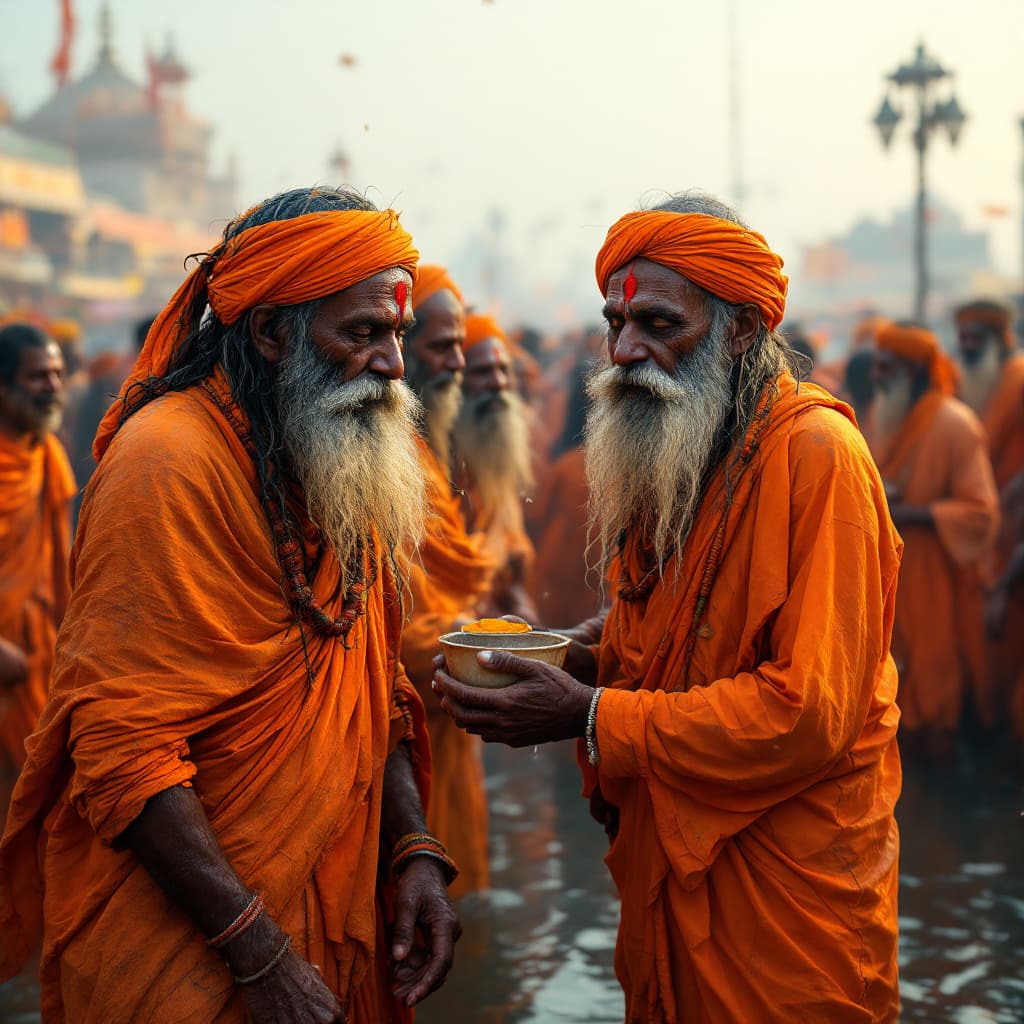 AI generated: Create an ultra-realistic UHD 4K image of a scene from the Kumbh Mela in Prayagraj, capturing the sa...