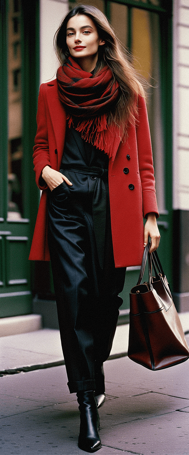 AI generated: The image features a woman walking down the street, wearing fall outfit, a red scarf and a black coa...