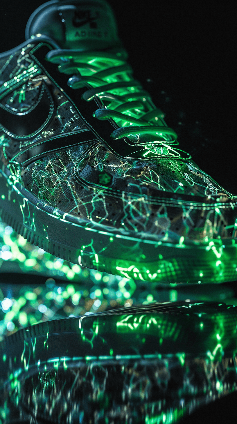 AI generated: photograph, productive, Nike shoes, camouflage pattern, black, spectacular reflection, neon
